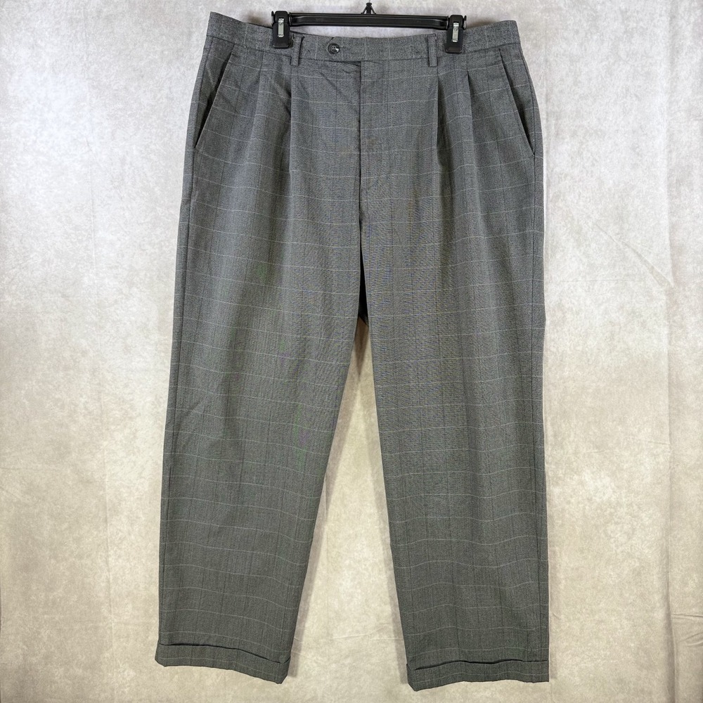 Geoffrey Beene Dress Pants Men 38x30 Gray Windowpane Business Casual‎ Office